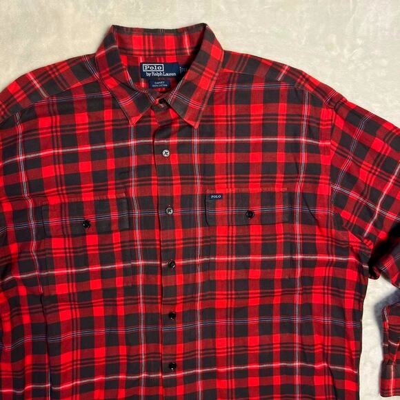 Polo by Ralph Lauren Garvey Cotton Flannel Men's Extra Large Red Black Plaid - Picture 1 of 7